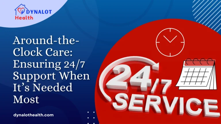 Dynalot Health - Around-the-Clock Care: Ensuring 24/7 Support When It’s Needed Most. A visually engaging graphic featuring a '24/7 Service' icon, clock, and calendar, representing continuous care and support